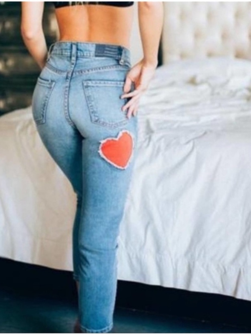 Revice Denim Cropped Straight Leg Jeans Red Heart Patch High Rise Sz 29